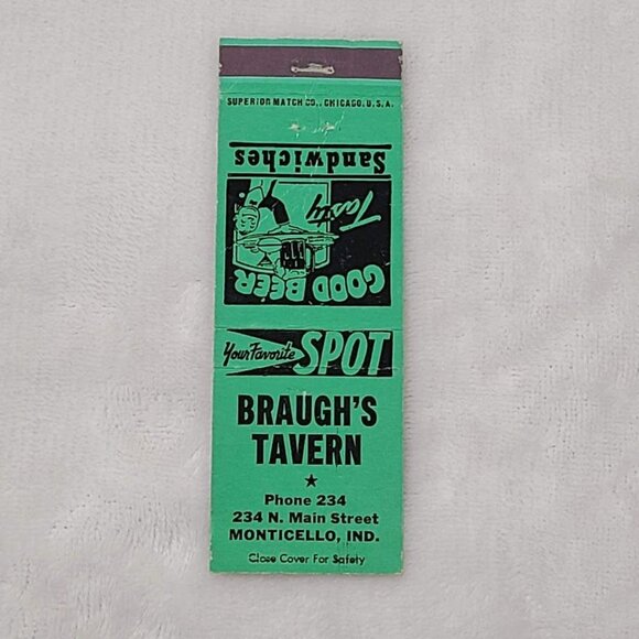 Vintage Matchbook Cover Braugh’s Tavern Monticello IN Indiana Green - Picture 4 of 5
